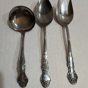National Stainless Steel Serving Spoon, gravy ladle , and Fork Floral Handle